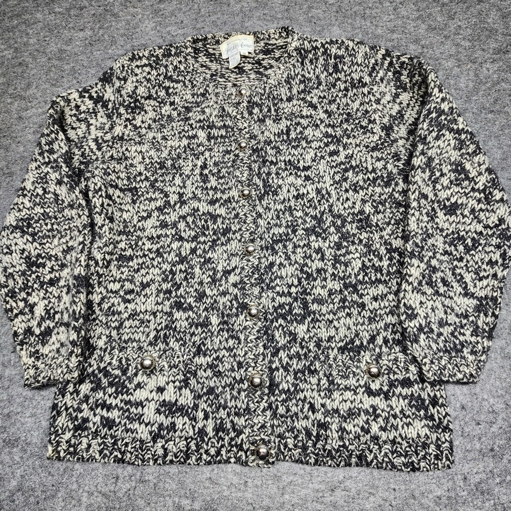 Saks Fifth Avenue Hand Knit Wool Metallic Black Grey Cardigan Sweater Medium